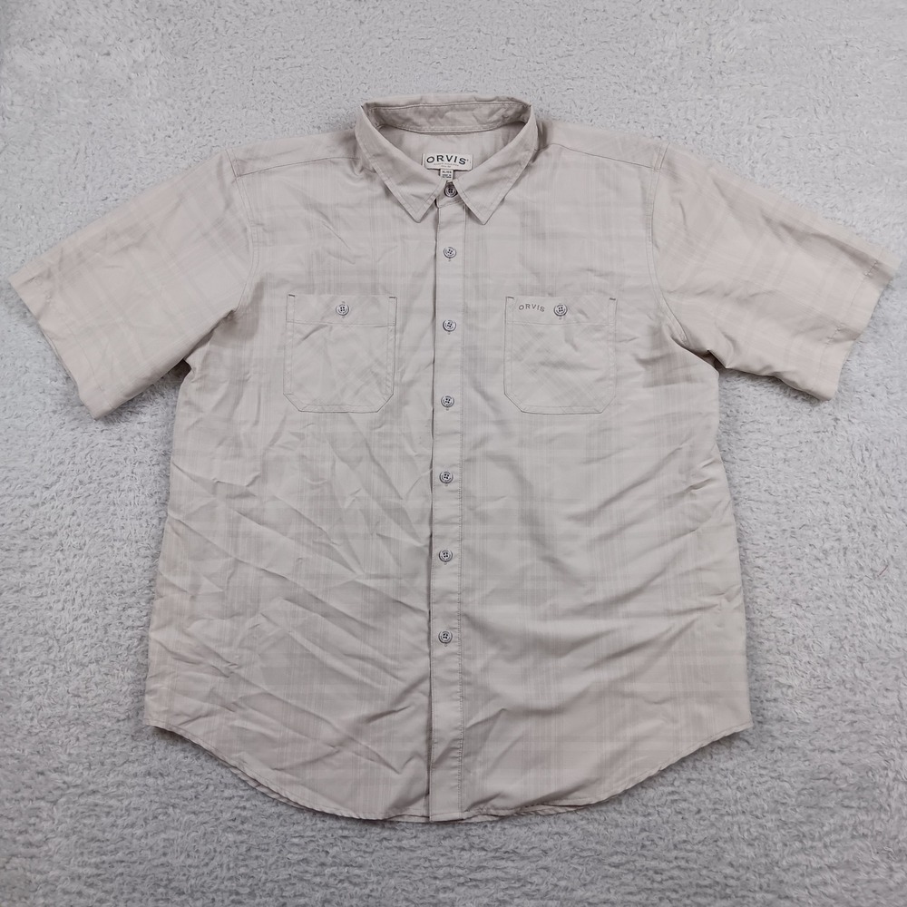 Orvis Button Down Shirt Mens XL Tan Plaid Short Sleeve Outdoor 1494392
